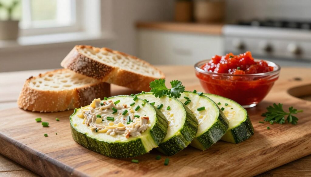 A beautifully plated zucchini paté displayed on a rustic wooden table. The foreground features delicately sliced paté arranged in a fan shape, garnished with fresh herbs like parsley and chives. In the middle ground, there are a couple of crisp, golden-brown slices of artisan bread and a small bowl of vibrant red tomato chutney, adding a pop of color. The background softly fades out with a subtle, blurred kitchen setting, suggesting warmth and homeliness. Natural, diffused sunlight filters through a nearby window, casting a gentle glow that highlights the textures of the paté and the bread. The overall mood is inviting and comforting, perfect for a cozy dinner setting.