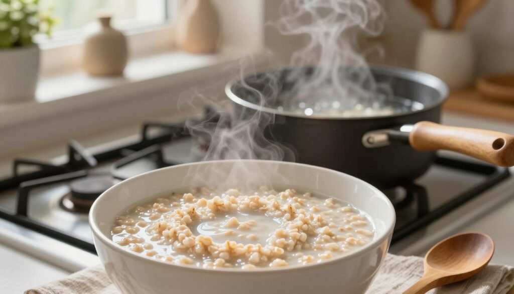 A beautifully prepared bowl of oatmeal cooking in water, shown in the foreground, with a wooden spoon resting beside it. The oatmeal is creamy and steaming, capturing the essence of a comforting breakfast. In the middle, a saucepan on a stove, gently bubbling, with light reflecting off the water’s surface. The background features a cozy kitchen ambiance, soft natural light filtering through a window, enhancing the warm atmosphere. Decorative elements like a plant and kitchen utensils add depth to the scene. The composition should evoke a sense of warmth and simplicity, focusing on the nourishing qualities of the oatmeal being made.