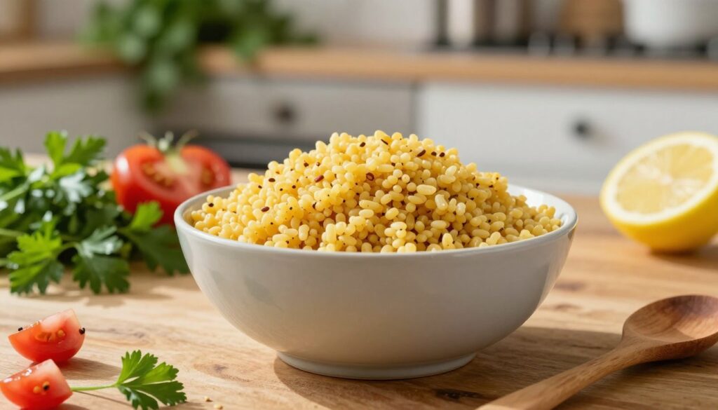 A beautifully styled bowl of bulgur, showcasing its fluffy, grain-like texture. In the foreground, the bulgur bathes in warm, natural light, casting soft shadows on a rustic wooden table. Surrounding the bowl, vibrant, fresh ingredients like chopped parsley, diced tomatoes, and lemon slices hint at a refreshing salad. In the middle ground, a wooden spoon rests beside the bowl, inviting viewers to imagine the preparation. The background features a softly blurred kitchen scene with herbs hanging in the distance, evoking a warm and homey atmosphere. The overall mood is inviting and fresh, reflecting the essence of cooking with bulgur for salads, highlighting the versatility and appeal of this ancient grain. A beautifully styled bowl of bulgur, showcasing its fluffy, grain-like texture. In the foreground, the bulgur bathes in warm, natural light, casting soft shadows on a rustic wooden table. Surrounding the bowl, vibrant, fresh ingredients like chopped parsley, diced tomatoes, and lemon slices hint at a refreshing salad. In the middle ground, a wooden spoon rests beside the bowl, inviting viewers to imagine the preparation. The background features a softly blurred kitchen scene with herbs hanging in the distance, evoking a warm and homey atmosphere. The overall mood is inviting and fresh, reflecting the essence of cooking with bulgur for salads, highlighting the versatility and appeal of this ancient grain.