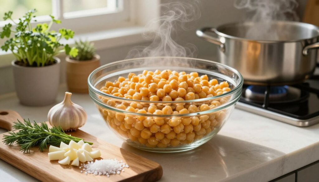 A beautifully styled kitchen counter, featuring a large, glass bowl filled with plump, soaked chickpeas ready for cooking. In the foreground, a wooden cutting board displays chopped garlic, fresh herbs, and a sprinkle of sea salt, emphasizing the preparation process. A simmering pot on the stove emits gentle steam, hinting at the right cooking method for the chickpeas. Soft, warm lighting illuminates the scene, creating an inviting atmosphere. In the background, herbs in pots and a window revealing sunlight, add a touch of freshness. The focus is on the detailed textures of the chickpeas and ingredients, conveying the importance of diligent preparation for achieving the perfect hummus. The angle is slightly overhead, providing a comprehensive view of the entire setup, inviting viewers to imagine the delicious outcome. A beautifully styled kitchen counter, featuring a large, glass bowl filled with plump, soaked chickpeas ready for cooking. In the foreground, a wooden cutting board displays chopped garlic, fresh herbs, and a sprinkle of sea salt, emphasizing the preparation process. A simmering pot on the stove emits gentle steam, hinting at the right cooking method for the chickpeas. Soft, warm lighting illuminates the scene, creating an inviting atmosphere. In the background, herbs in pots and a window revealing sunlight, add a touch of freshness. The focus is on the detailed textures of the chickpeas and ingredients, conveying the importance of diligent preparation for achieving the perfect hummus. The angle is slightly overhead, providing a comprehensive view of the entire setup, inviting viewers to imagine the delicious outcome.