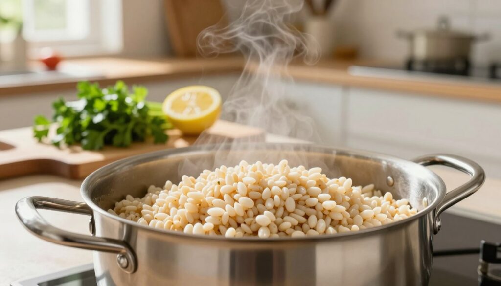 A beautifully styled kitchen scene, foreground featuring a pot of perfectly cooked barley groats, fluffy and light, with steam rising gently. The pot is made of polished stainless steel, reflecting the warm, inviting light from overhead fixtures. In the middle, a wooden cutting board displays fresh herbs like parsley and a sliced lemon, enhancing the preparation aspect. The background reveals a well-organized kitchen with bright, natural light streaming through a window, casting soft shadows. A hint of fresh vegetables can be seen on the countertop, creating a cozy, homey atmosphere. The overall mood is warm and inviting, ideal for a comforting cooking experience, captured with a soft focus lens to emphasize the food’s texture. A beautifully styled kitchen scene, foreground featuring a pot of perfectly cooked barley groats, fluffy and light, with steam rising gently. The pot is made of polished stainless steel, reflecting the warm, inviting light from overhead fixtures. In the middle, a wooden cutting board displays fresh herbs like parsley and a sliced lemon, enhancing the preparation aspect. The background reveals a well-organized kitchen with bright, natural light streaming through a window, casting soft shadows. A hint of fresh vegetables can be seen on the countertop, creating a cozy, homey atmosphere. The overall mood is warm and inviting, ideal for a comforting cooking experience, captured with a soft focus lens to emphasize the food’s texture.