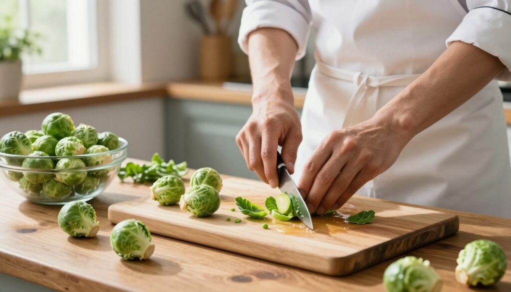 A bright kitchen scene showcasing the preparation of Brussels sprouts. In the foreground, a cutting board is prominently displayed with several fresh Brussels sprouts, some being washed in a bowl of water, and others being trimmed with a sharp knife. The middle ground features a rustic wooden kitchen table where a chef, dressed in a professional white apron and modest casual clothing, attentively washes and cuts the sprouts, ensuring to remove any damaged leaves. Soft, natural light streams in from a nearby window, highlighting the vibrant green color of the sprouts and creating a warm, inviting atmosphere. In the background, kitchen utensils and fresh herbs are neatly arranged, adding to the homey and culinary vibe. The focus is on the preparation process, emphasizing freshness and care.