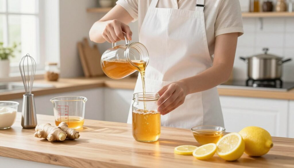 A bright, well-lit kitchen scene showcasing the preparation of ginger, honey, and lemon syrup. In the foreground, a clean wooden countertop displays a glass jar filled with golden syrup, fresh ginger roots, sliced lemons, and a small bowl of honey. Nearby, a stainless steel whisk and a measuring cup suggest the process of mixing ingredients. In the middle, a professional in a clean white apron is carefully pouring the syrup into another jar, emphasizing hygiene and safety. The background features a neatly organized shelf with spices and a pot of boiling water, hinting at the filtering process. The atmosphere is warm and inviting, with soft sunlight streaming through a window, creating a cozy yet professional mood.