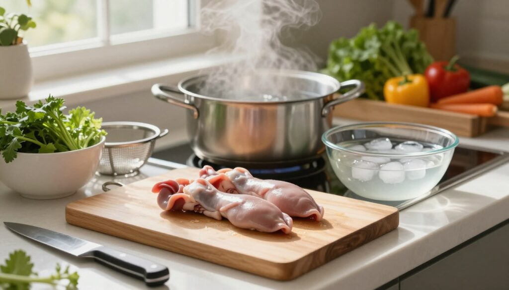 A clean and organized kitchen counter, featuring a pair of fresh, boiled pork tongues ready for preparation. In the foreground, a wooden cutting board with a sharp knife, a bowl of fresh herbs, and a small strainer for rinsing. Middle element shows a large pot filled with water, steam gently rising, alongside a separate bowl with ice water for blanching. Background displays kitchen utensils and an assortment of fresh vegetables, adding a colorful touch. Soft, natural lighting filters through a nearby window, casting gentle shadows and creating a warm, inviting atmosphere. The composition should evoke a sense of careful culinary preparation, emphasizing cleanliness and attention to detail.