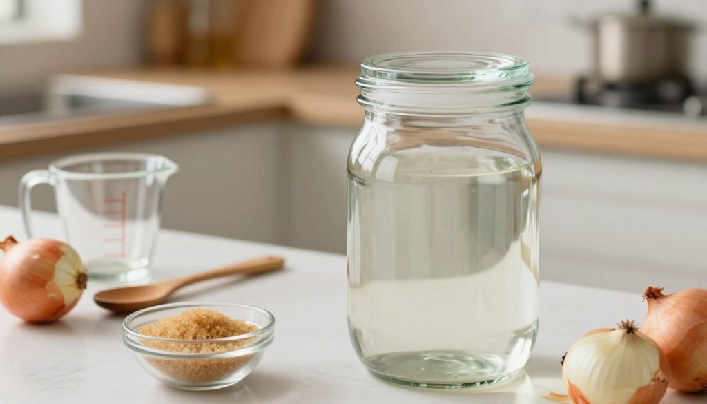 A clean, sterilized glass jar (słoik) prominently placed in the foreground, reflecting soft, natural light. The jar is wide-mouth with a polished lid, showcasing its crystal-clear surface, emphasizing hygiene and preparation. Beside the jar, there are fresh ingredients like onions and a small bowl of brown sugar, hinting at the syrup-making process. In the middle ground, a simple kitchen countertop adorned with a few essential tools, such as a measuring cup and a wooden spoon, suggests an organized workspace. The background features a softly blurred kitchen setting with warm, inviting colors, creating an atmosphere of cleanliness and care. The overall mood is bright and fresh, conveying the importance of hygiene in food storage. A clean, sterilized glass jar (słoik) prominently placed in the foreground, reflecting soft, natural light. The jar is wide-mouth with a polished lid, showcasing its crystal-clear surface, emphasizing hygiene and preparation. Beside the jar, there are fresh ingredients like onions and a small bowl of brown sugar, hinting at the syrup-making process. In the middle ground, a simple kitchen countertop adorned with a few essential tools, such as a measuring cup and a wooden spoon, suggests an organized workspace. The background features a softly blurred kitchen setting with warm, inviting colors, creating an atmosphere of cleanliness and care. The overall mood is bright and fresh, conveying the importance of hygiene in food storage.