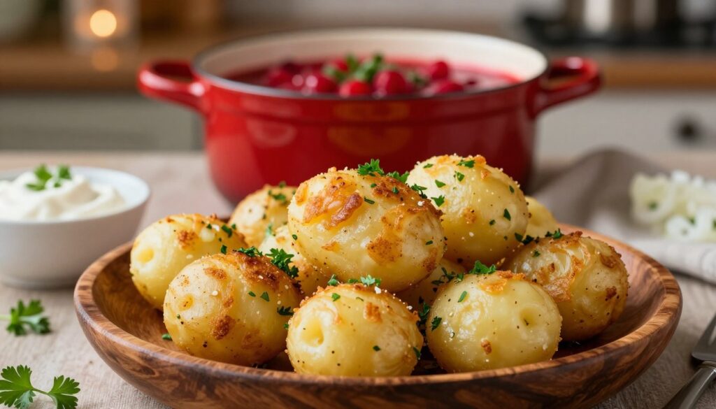 A close-up composition of kluseczki grzybowe, showcasing their delightful golden-brown color and slightly crispy texture. The foreground features a rustic wooden plate filled with these delicious potato dumplings, garnished with fresh herbs like parsley. In the middle, a soft focus of a pot of vibrant red barszcz, hinting at a festive atmosphere. The background includes a cozy kitchen setting with warm, ambient lighting that casts gentle shadows, reminiscent of a family gathering during the holidays. The scene is inviting and homely, with additional elements like a small bowl of sour cream and chopped onions, enhancing the feel of a casual yet special meal.