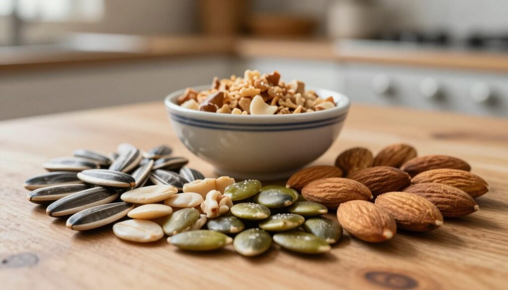 A close-up composition of various seeds and nuts showcased artistically on a rustic wooden surface. In the foreground, a mix of sunflower seeds, pumpkin seeds, and almonds are arranged in an inviting manner, displaying their textured surfaces and natural colors. The middle layer features a small, intricately designed bowl holding crushed nuts, enhancing the textural diversity. The background softly blurred reveals a kitchen setting with warm, natural lighting streaming in, creating a cozy atmosphere. Use a shallow depth of field to focus on the seeds, while the warm light highlights their earthy tones, conveying a sense of freshness and health. Aim for an inviting and appetizing mood, perfect for an article about crunchy additions to creamy soups. A close-up composition of various seeds and nuts showcased artistically on a rustic wooden surface. In the foreground, a mix of sunflower seeds, pumpkin seeds, and almonds are arranged in an inviting manner, displaying their textured surfaces and natural colors. The middle layer features a small, intricately designed bowl holding crushed nuts, enhancing the textural diversity. The background softly blurred reveals a kitchen setting with warm, natural lighting streaming in, creating a cozy atmosphere. Use a shallow depth of field to focus on the seeds, while the warm light highlights their earthy tones, conveying a sense of freshness and health. Aim for an inviting and appetizing mood, perfect for an article about crunchy additions to creamy soups.