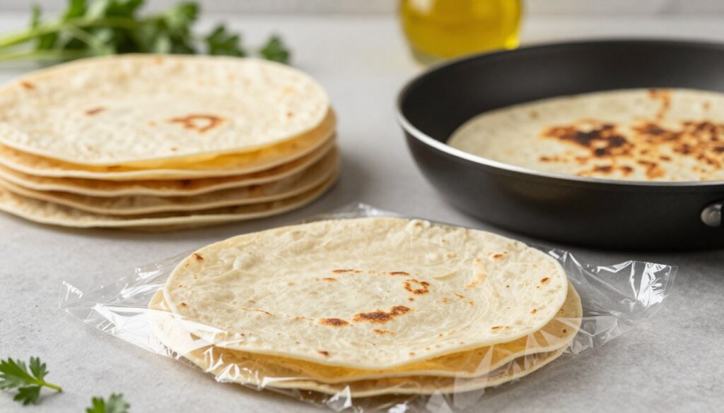 A close-up image depicting various common mistakes in tortilla storage and reheating. In the foreground, feature a slightly crumpled tortilla wrapped incorrectly in plastic wrap, with visible signs of drying and cracking. In the middle ground, include a frying pan with burnt tortillas, indicating improper reheating, beside a stack of tortillas that are unevenly stored, some slightly torn. In the background, softly blurred kitchen elements like a flat surface with herbs and oil, creating a warm and inviting kitchen atmosphere. Utilize soft, natural lighting to enhance the textures and colors of the tortillas, with a focus on realism and clarity. The mood should be educational yet approachable, conveying common pitfalls in a relatable kitchen setting.