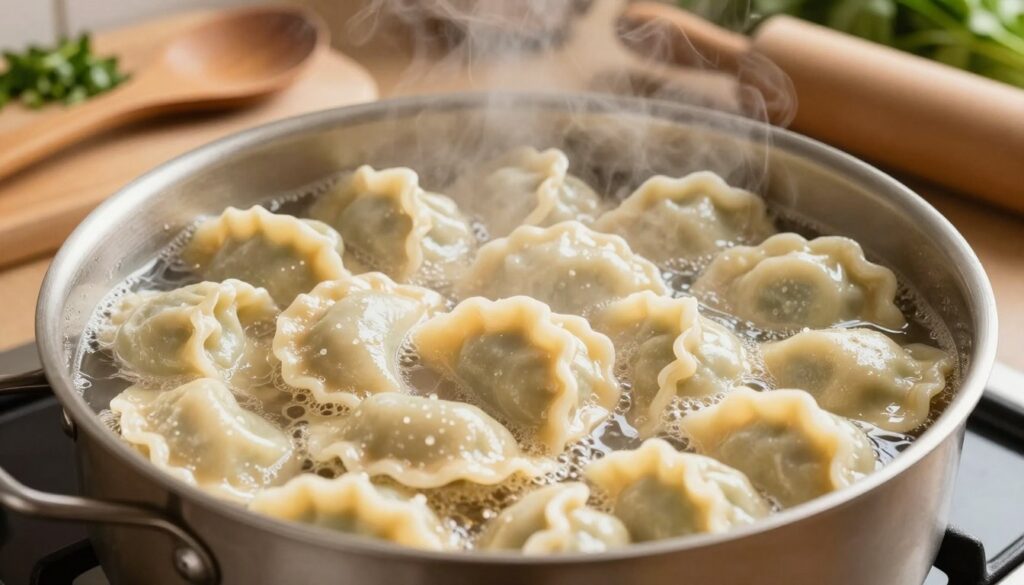 A close-up image of a pot of boiling pierogi on a stovetop, showcasing an abundance of dumplings floating to the surface. The pierogi should be perfectly shaped with glistening surfaces, demonstrating their readiness while steam rises gently from the pot, creating a warm, inviting atmosphere. In the background, a rustic kitchen scene is visible, with wooden utensils, a rolling pin, and freshly chopped herbs, enhancing the homey feel. The lighting is warm and soft, illuminating the pierogi and casting gentle shadows, suggesting a cozy cooking experience. The angle is slightly overhead, focusing on the pot's contents, with a blurred effect on the background to emphasize the cooking process. The mood is cheerful and reassuring, conveying the joy of traditional cooking. A close-up image of a pot of boiling pierogi on a stovetop, showcasing an abundance of dumplings floating to the surface. The pierogi should be perfectly shaped with glistening surfaces, demonstrating their readiness while steam rises gently from the pot, creating a warm, inviting atmosphere. In the background, a rustic kitchen scene is visible, with wooden utensils, a rolling pin, and freshly chopped herbs, enhancing the homey feel. The lighting is warm and soft, illuminating the pierogi and casting gentle shadows, suggesting a cozy cooking experience. The angle is slightly overhead, focusing on the pot's contents, with a blurred effect on the background to emphasize the cooking process. The mood is cheerful and reassuring, conveying the joy of traditional cooking.