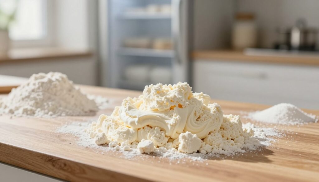 A close-up image of fresh yeast, showcasing its soft, crumbly texture and creamy color, placed on a wooden kitchen counter. Surround the yeast with ingredients commonly used in baking, like flour, sugar, and a dusting of flour, to contextualize its use. The background features a softly blurred refrigerator door, hinting at proper storage conditions. Natural daylight streams in from a nearby window, creating a warm and inviting atmosphere while casting gentle shadows that enhance the texture of the yeast. The composition should be well-balanced and evoke a sense of freshness, capturing the essence of maintaining yeast in a way that encourages baking success.