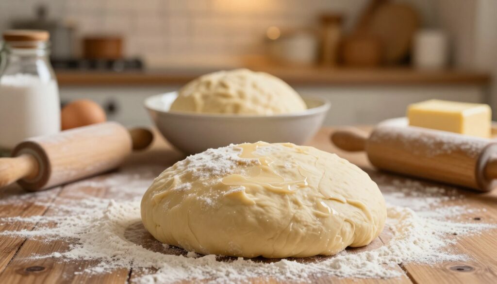 A close-up image of freshly baked yeast dough, golden brown and beautifully risen, placed on a rustic wooden table. In the foreground, a handful of white flour, some scattered around for a textured effect, alongside a traditional rolling pin. In the middle, a bowl containing dough that is being kneaded, with a soft, warm texture and a glossy surface. The background features a softly lit kitchen with warm wooden shelves, displaying various baking tools and ingredients like sugar, eggs, and butter. The lighting is warm and inviting, casting gentle shadows, to create a cozy, homely atmosphere, highlighting the essence of making pampuchy and emphasizing the richness of the yeast dough as a fundamental recipe base.