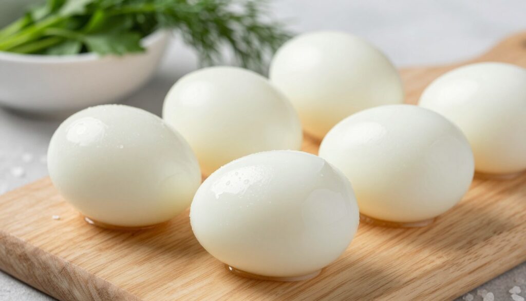 A close-up image of peeled hard-boiled eggs arranged neatly on a light, textured wooden board. The eggs should be glistening with a fresh, appealing look, showcasing their smooth, white surface. In the background, slightly blurred, there should be a bowl of herbs, like dill and parsley, and a sprinkle of coarse sea salt to evoke freshness. Soft, diffused natural light should illuminate the scene, casting gentle shadows to enhance the texture of the eggs. The atmosphere should feel inviting and appetizing, perfect for a kitchen setting, conveying a sense of freshness and safety in food storage practices, with a focus on the eggs as the main subject.