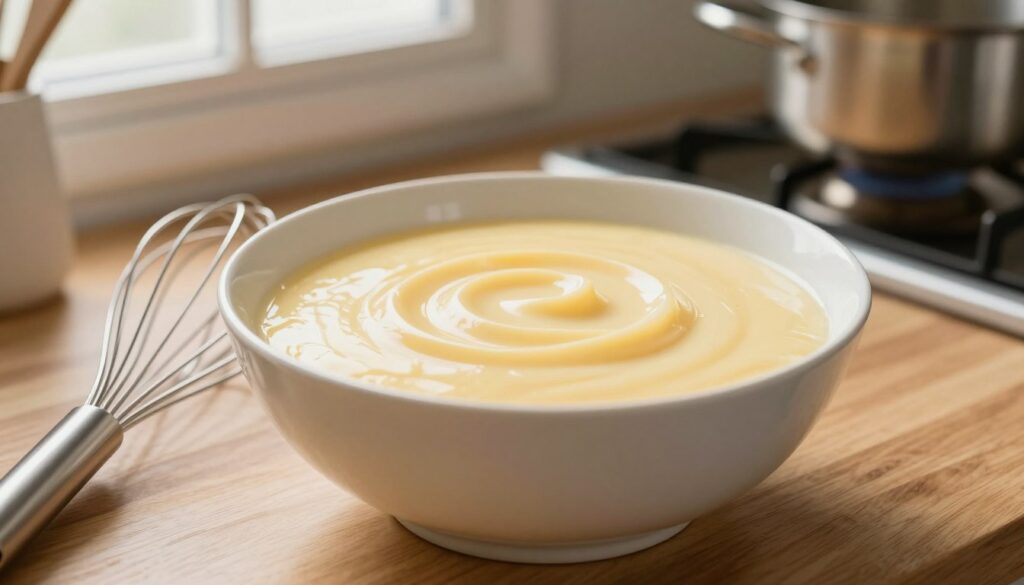 A close-up of a creamy, smooth bowl of pudding, free from lumps, is placed on a wooden kitchen countertop. In the foreground, a sleek, stainless steel whisk rests beside the bowl, glistening in the warm, soft light from a window. The middle features the pudding, thick and luscious, with a glossy surface reflecting the ambient light. In the background, blurred kitchen utensils and a small pot simmering on the stove hint at the cooking process. The overall atmosphere is warm and inviting, evoking a sense of home cooking and comfort. The image captures a moment of culinary success, showcasing the ideal texture of pudding without lumps, inspired by a rich, creamy dessert.