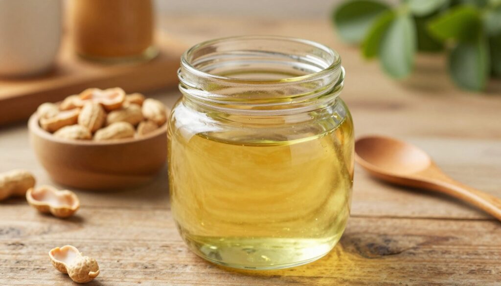 A close-up of a glass jar filled with rich, golden peanut oil, sitting on a rustic wooden kitchen table. The jar should be positioned in the foreground, with the focus on its smooth texture and shimmering surface that reflects warm, natural light. In the middle ground, a small bowl containing roasted peanuts and a wooden spoon rest beside the jar, suggesting the substance's origins. The background features softly blurred kitchen utensils and a leafy green plant, creating a cozy culinary ambiance. The scene is bathed in soft, warm lighting, evoking a welcoming and homely atmosphere, perfect for illustrating tips on slowing down oil separation. Make sure the image is crisp and detailed, highlighting the oil's inviting richness.