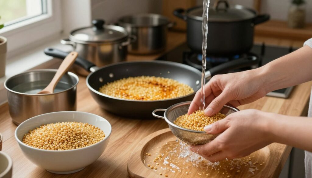 A close-up of a wooden kitchen countertop with a bowl of raw kasza (grain) next to a small pot of water and a wooden spoon. In the foreground, focus on a person’s hands gently rinsing the grain in a sieve under running water, showcasing the washing process. The middle ground features a slightly toasted version of the kasza in a frying pan, with a warm golden hue indicating the toasting process. The background shows a selection of various pots arranged on a shelf, emphasizing the importance of choosing the right pot. The scene is illuminated by soft, natural light filtering through a nearby window, creating a warm, inviting atmosphere, perfect for cooking and preparation.