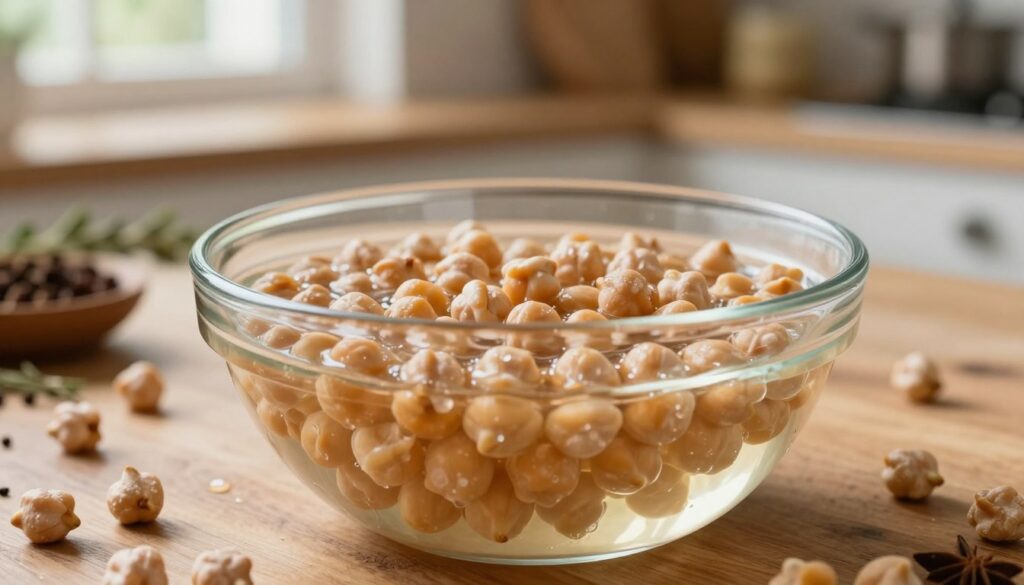 A close-up scene showcasing dried chickpeas soaking in a clear glass bowl filled with water, displayed on a rustic wooden kitchen table. The foreground features perfectly round chickpeas, some slightly submerged, with water droplets clinging to their surface, emphasizing the soaking process. In the middle ground, a soft-focus kitchen setting reveals an assortment of spices and herbs, hinting at the preparation of hummus. The background is softly blurred, with warm, natural light streaming through a nearby window, creating a cozy atmosphere. The image captures a sense of calm and culinary tradition, inviting viewers to appreciate this essential step in cooking tender chickpeas. The lens should mimic a shallow depth of field to highlight the chickpeas while gently blurring the additional kitchen elements. A close-up scene showcasing dried chickpeas soaking in a clear glass bowl filled with water, displayed on a rustic wooden kitchen table. The foreground features perfectly round chickpeas, some slightly submerged, with water droplets clinging to their surface, emphasizing the soaking process. In the middle ground, a soft-focus kitchen setting reveals an assortment of spices and herbs, hinting at the preparation of hummus. The background is softly blurred, with warm, natural light streaming through a nearby window, creating a cozy atmosphere. The image captures a sense of calm and culinary tradition, inviting viewers to appreciate this essential step in cooking tender chickpeas. The lens should mimic a shallow depth of field to highlight the chickpeas while gently blurring the additional kitchen elements.