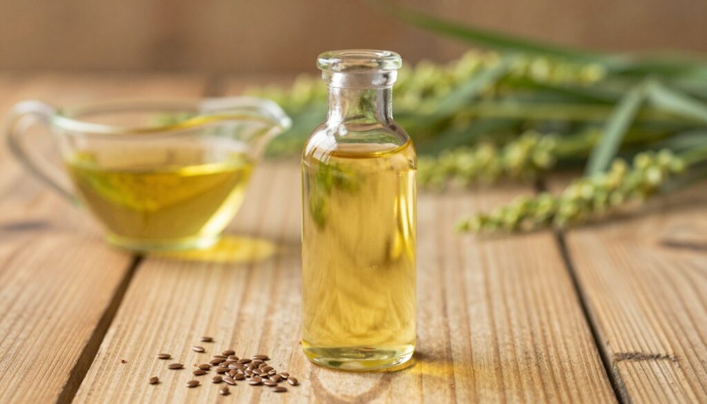 A close-up shot of a glass bottle of cold-pressed flaxseed oil on a rustic wooden table, highlighting the rich golden hue of the oil. In the foreground, a few flaxseeds are scattered around the bottle, emphasizing the natural source of the oil. The middle layer features a small, elegant pouring vessel, hinting at the oil being used in cooking or dressing. The background includes soft-focus images of green flax plants, symbolizing freshness and the origin of the oil. Warm, natural lighting filters in from the side, creating a calm and inviting atmosphere. The image should convey a sense of purity and healthiness, perfect for highlighting the benefits and storage of cold-pressed flaxseed oil.