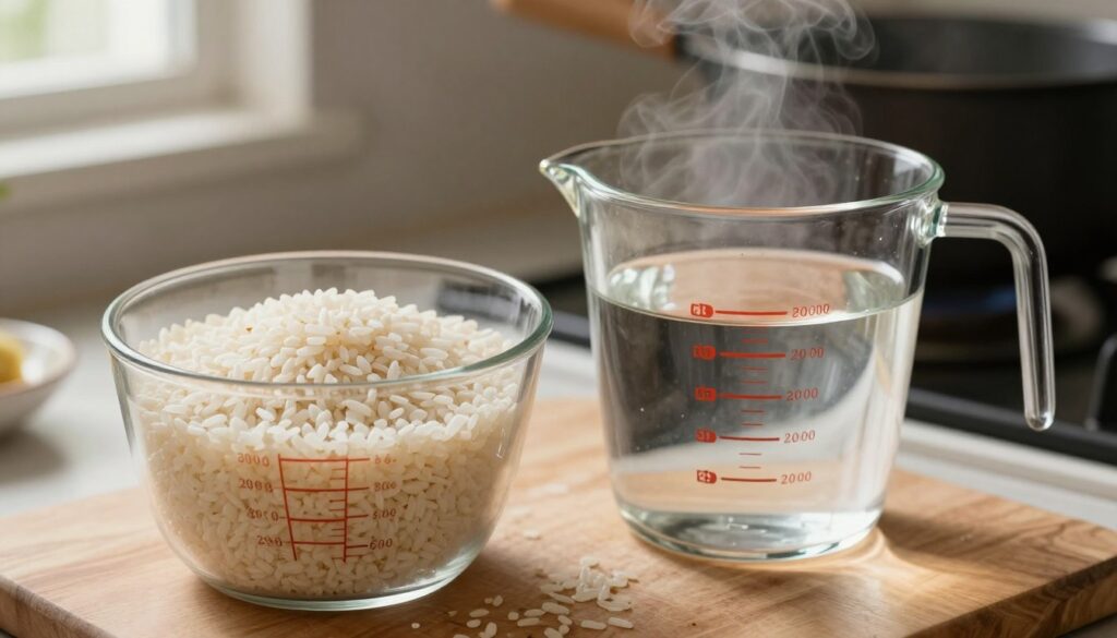 A close-up shot of a measuring cup filled with uncooked white rice, next to a clear glass measuring cup showing the precise amount of water needed for cooking. In the background, a wooden cutting board with a pot simmering on a stove, steam gently rising from it, indicating the cooking process. Soft, natural lighting filters through a nearby window, illuminating the scene and adding warmth. The image conveys a sense of home cooking, with subtle textures from the rice grains and a glossy surface on the water. The focus is on the measuring tools, emphasizing the importance of proportions in achieving perfectly cooked rice for stuffed cabbage rolls.