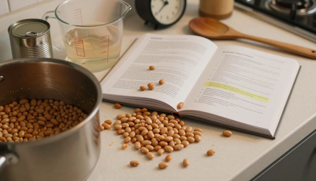 A close-up shot of a messy kitchen counter featuring common mistakes in cooking beans. In the foreground, a pot of undercooked beans, some still hard, spills over next to a measuring cup with incorrect soaking water levels. Scattered around are overcooked mushy beans and an empty can, representing another common error. In the middle, a recipe book opened to a page on cooking beans, with a highlighted section on error alerts. The background contains kitchen tools like a wooden spoon and a timer, slightly out of focus. The lighting is warm and cozy, creating an inviting atmosphere while hinting at the chaos of cooking mistakes. The angle is slightly overhead, capturing the full scene in a realistic, homey environment. A close-up shot of a messy kitchen counter featuring common mistakes in cooking beans. In the foreground, a pot of undercooked beans, some still hard, spills over next to a measuring cup with incorrect soaking water levels. Scattered around are overcooked mushy beans and an empty can, representing another common error. In the middle, a recipe book opened to a page on cooking beans, with a highlighted section on error alerts. The background contains kitchen tools like a wooden spoon and a timer, slightly out of focus. The lighting is warm and cozy, creating an inviting atmosphere while hinting at the chaos of cooking mistakes. The angle is slightly overhead, capturing the full scene in a realistic, homey environment.
