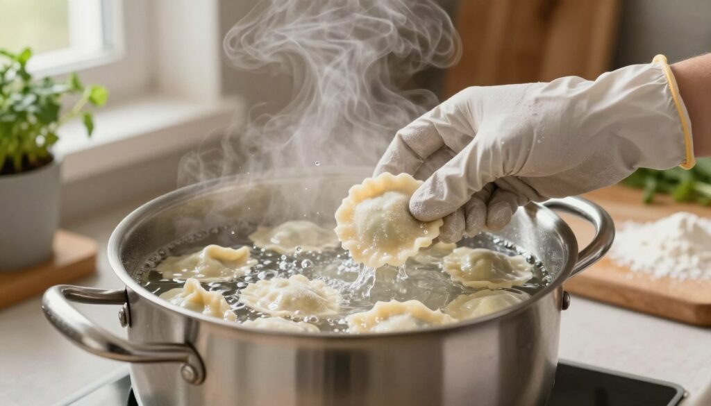 A close-up shot of a stainless steel pot filled with steaming water, ready for boiling. In the foreground, a pair of hands wearing modest kitchen gloves carefully place frozen pierogi into the pot, ensuring not to overcrowd them. The middle section showcases the pierogi gently floating in the bubbling water, with some droplets splashing around. Soft, natural lighting filters in from a nearby window, creating a warm and inviting atmosphere. The background features a cozy kitchen setting with wooden cabinets, herbs in pots, and a cutting board with scattered flour, reflecting preparation for cooking. The scene conveys a sense of culinary warmth, anticipation, and the joy of cooking. A close-up shot of a stainless steel pot filled with steaming water, ready for boiling. In the foreground, a pair of hands wearing modest kitchen gloves carefully place frozen pierogi into the pot, ensuring not to overcrowd them. The middle section showcases the pierogi gently floating in the bubbling water, with some droplets splashing around. Soft, natural lighting filters in from a nearby window, creating a warm and inviting atmosphere. The background features a cozy kitchen setting with wooden cabinets, herbs in pots, and a cutting board with scattered flour, reflecting preparation for cooking. The scene conveys a sense of culinary warmth, anticipation, and the joy of cooking.