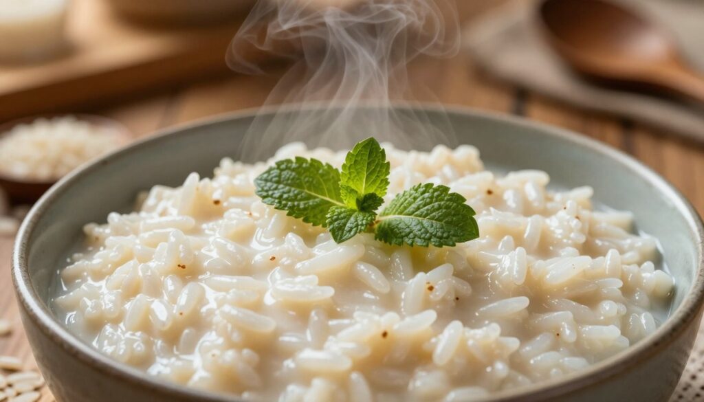 A close-up shot of creamy rice porridge in a rustic bowl, meticulously prepared to showcase its smooth, velvety texture. The foreground features the bowl overflowing with the light, steaming kleik ryżowy, adorned with a sprig of fresh mint on top for a pop of color. In the middle, softly blurred, there are a few raw grains of rice scattered artfully to hint at the ingredient's origin. The background offers a warm, softly-lit kitchen setting with wooden surfaces and cooking utensils, creating a cozy atmosphere. The lighting is warm and inviting, casting a gentle glow on the dish, enhancing the creamy texture and making it visually appealing. The angle is slightly overhead, capturing the porridge's inviting appearance and fullness. A close-up shot of creamy rice porridge in a rustic bowl, meticulously prepared to showcase its smooth, velvety texture. The foreground features the bowl overflowing with the light, steaming kleik ryżowy, adorned with a sprig of fresh mint on top for a pop of color. In the middle, softly blurred, there are a few raw grains of rice scattered artfully to hint at the ingredient's origin. The background offers a warm, softly-lit kitchen setting with wooden surfaces and cooking utensils, creating a cozy atmosphere. The lighting is warm and inviting, casting a gentle glow on the dish, enhancing the creamy texture and making it visually appealing. The angle is slightly overhead, capturing the porridge's inviting appearance and fullness.