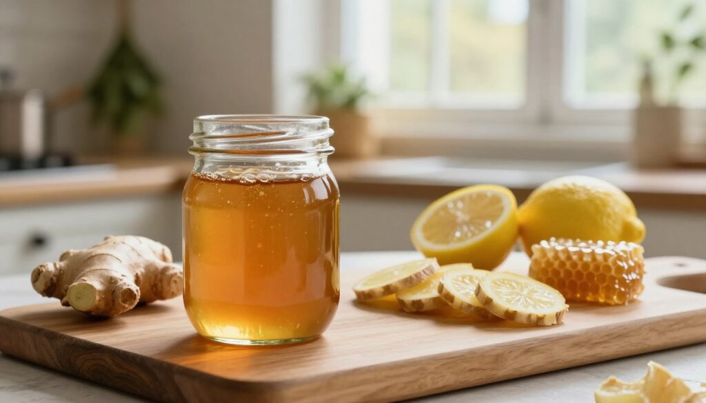 A close-up view of a beautifully arranged kitchen scene focusing on a glass jar filled with amber ginger, honey, and lemon syrup, carefully sealed to prevent light and air exposure. The foreground features the jar, reflecting soft, warm, natural light that accentuates the textures of the ingredients. In the middle ground, slices of fresh ginger, whole lemons, and honeycombs are artfully placed on a wooden cutting board. The background showcases a softly blurred rustic kitchen with hanging herbs and a window allowing diffused sunlight to create a cozy, inviting atmosphere. Emphasize a warm color palette and a sense of tranquility, hinting at the importance of preserving freshness through protection from light and air.