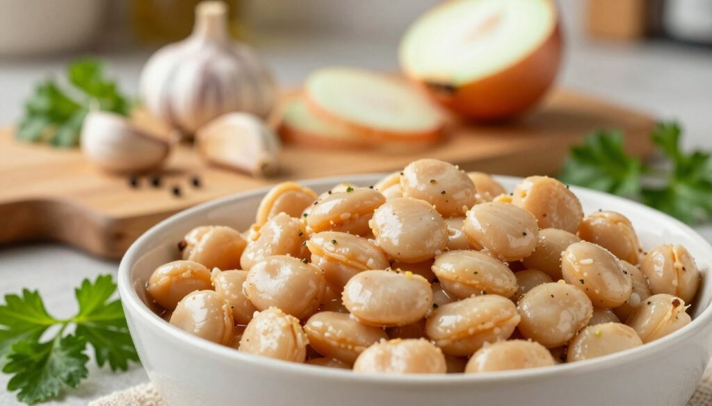 A close-up view of a fresh, vibrant bowl of cooked fasoli beans, showcased in the foreground with a focus on their smooth, creamy texture and rich color. Surrounding the beans, a small scattering of fresh herbs such as parsley and thyme adds a splash of green, enhancing the visual appeal. In the middle ground, a wooden cutting board displays an array of preparation ingredients: garlic cloves, onion slices, and spices, suggesting a rustic cooking environment. The background features a softly blurred kitchen setting with warm, inviting lighting, creating a cozy, home-cooking atmosphere. The angle should be slightly elevated to capture the depth of the bowl and ingredients, emphasizing the nutrition and care that goes into preparing easily digestible fasoli. A close-up view of a fresh, vibrant bowl of cooked fasoli beans, showcased in the foreground with a focus on their smooth, creamy texture and rich color. Surrounding the beans, a small scattering of fresh herbs such as parsley and thyme adds a splash of green, enhancing the visual appeal. In the middle ground, a wooden cutting board displays an array of preparation ingredients: garlic cloves, onion slices, and spices, suggesting a rustic cooking environment. The background features a softly blurred kitchen setting with warm, inviting lighting, creating a cozy, home-cooking atmosphere. The angle should be slightly elevated to capture the depth of the bowl and ingredients, emphasizing the nutrition and care that goes into preparing easily digestible fasoli.