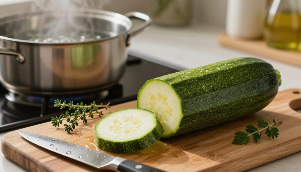 A close-up view of a freshly cut zucchini on a wooden cutting board, showcasing its vibrant green skin and textured flesh. In the foreground, include a chef's knife glistening with droplets of water, hinting at the preparation steps. The middle layer features a steaming pot of water on a stove, lightly bubbling, with a few sprigs of fresh herbs like thyme and parsley scattered around the pot, symbolizing flavor. In the background, a cozy kitchen with soft, warm lighting creates an inviting atmosphere, hinting at a homey cooking environment. The scene exudes a sense of warmth and preparedness, aiming to inspire viewers on how to cook zucchini effectively. Capture the moment with a slightly overhead angle to emphasize the subject matter.