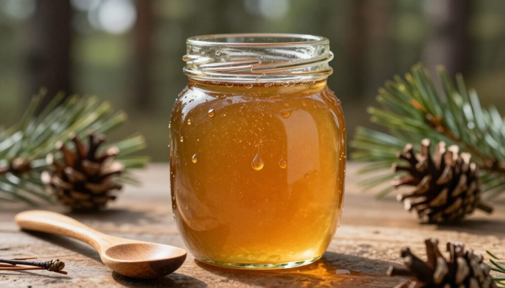 A close-up view of a glass jar filled with golden pine syrup, showcasing its thick, viscous texture with droplets forming on the sides. In the foreground, place a small wooden spoon resting on a rustic wooden surface, with a few scattered pine needles and cones to enhance the natural theme. The middle ground should feature soft, diffused lighting that highlights the syrup's glossy surface, creating a warm and inviting atmosphere. In the background, slightly blurred, display a serene forest setting with tall pine trees, hinting at the natural source of the syrup. The overall mood should evoke a sense of tranquility and warmth, emphasizing the preservation of flavor and properties over time. A close-up view of a glass jar filled with golden pine syrup, showcasing its thick, viscous texture with droplets forming on the sides. In the foreground, place a small wooden spoon resting on a rustic wooden surface, with a few scattered pine needles and cones to enhance the natural theme. The middle ground should feature soft, diffused lighting that highlights the syrup's glossy surface, creating a warm and inviting atmosphere. In the background, slightly blurred, display a serene forest setting with tall pine trees, hinting at the natural source of the syrup. The overall mood should evoke a sense of tranquility and warmth, emphasizing the preservation of flavor and properties over time.