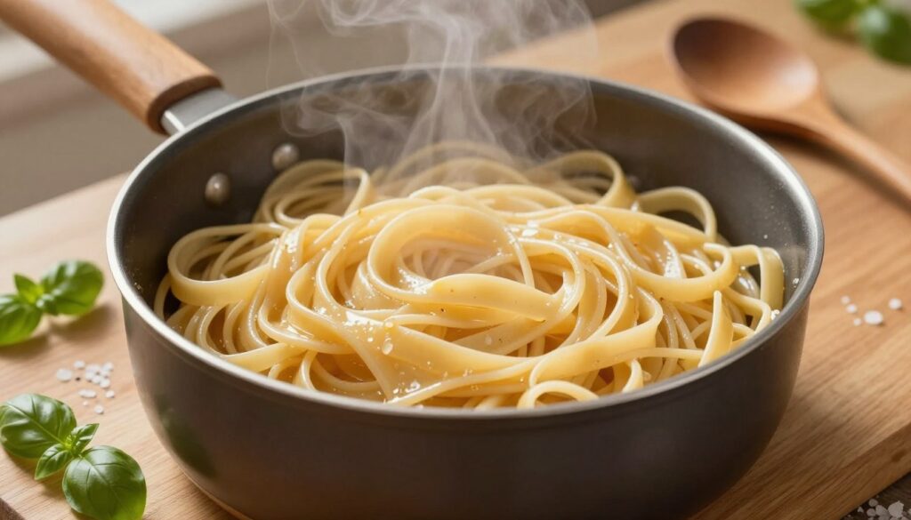 A close-up view of a large pot of perfectly cooked al dente pasta, steaming and glistening, resting atop a wooden countertop. The pasta is separate, not clumped, showcasing its smooth, glossy texture. Surrounding the pot, a few sprigs of basil and a pinch of sea salt add pops of color, enhancing the dish’s freshness. Soft, warm kitchen lighting creates a cozy atmosphere, with gentle shadows casting around the pot. In the background, an elegant wooden spoon rests nearby, hinting at the cooking process. The focus should remain on the pot and pasta, capturing the essence of cooking techniques that prevent sticking, embodying a sense of culinary artistry and home comfort. A close-up view of a large pot of perfectly cooked al dente pasta, steaming and glistening, resting atop a wooden countertop. The pasta is separate, not clumped, showcasing its smooth, glossy texture. Surrounding the pot, a few sprigs of basil and a pinch of sea salt add pops of color, enhancing the dish’s freshness. Soft, warm kitchen lighting creates a cozy atmosphere, with gentle shadows casting around the pot. In the background, an elegant wooden spoon rests nearby, hinting at the cooking process. The focus should remain on the pot and pasta, capturing the essence of cooking techniques that prevent sticking, embodying a sense of culinary artistry and home comfort.