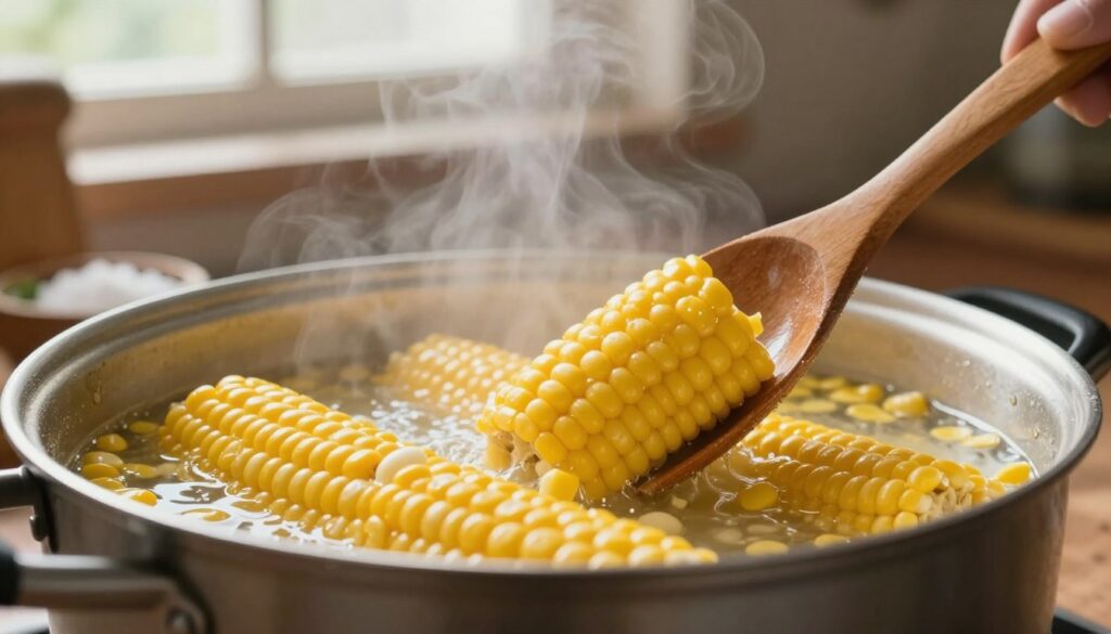 A close-up view of a pot of simmering corn, perfectly cooked and glistening, with steam rising gently into the air. In the foreground, a wooden spoon is stirring the corn, showcasing its vibrant yellow color and texture. In the middle, there are scattered ingredients such as salt and a sprinkle of herbs, hinting at the preparation process. The background features a rustic kitchen setting with warm, soft lighting that creates a cozy atmosphere. A window in the background allows natural light to filter in, illuminating the scene. The overall mood is inviting and homey, ideal for illustrating a cooking tutorial.
