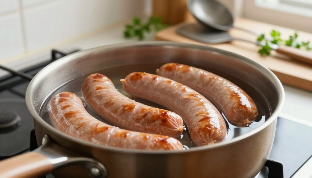 A close-up view of a pot simmering on a stovetop filled with plump, juicy sausages (parówki) gently cooking in clear water. The sausages are perfectly positioned to show their smooth, shiny surface without any splits or cracks. In the background, there are kitchen utensils like a spatula and a ladle subtly blurred to maintain focus on the sausages. Natural light streams in from a nearby window, casting soft, warm highlights on the scene, enhancing the inviting atmosphere of home cooking. The countertop has a few parsley sprigs and a clean cutting board, adding a touch of freshness. The overall composition creates a sense of warmth, comfort, and culinary expertise, emphasizing the art of cooking sausages to perfection. A close-up view of a pot simmering on a stovetop filled with plump, juicy sausages (parówki) gently cooking in clear water. The sausages are perfectly positioned to show their smooth, shiny surface without any splits or cracks. In the background, there are kitchen utensils like a spatula and a ladle subtly blurred to maintain focus on the sausages. Natural light streams in from a nearby window, casting soft, warm highlights on the scene, enhancing the inviting atmosphere of home cooking. The countertop has a few parsley sprigs and a clean cutting board, adding a touch of freshness. The overall composition creates a sense of warmth, comfort, and culinary expertise, emphasizing the art of cooking sausages to perfection.