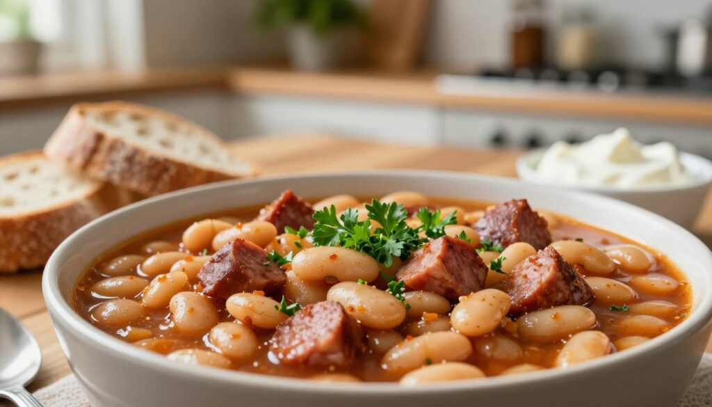 A close-up view of a rich, hearty bowl of Breton bean stew, showcasing the vibrant colors of the ingredients. In the foreground, the bowl is filled with plump white beans, tender diced sausage, and a fresh sprinkle of parsley, creating a sense of warmth and comfort. Surrounding the bowl, place a few rustic pieces of bread and a small dish of sour cream to suggest options for balancing the flavors. In the middle ground, a cozy kitchen setting with warm wooden textures and soft, natural lighting enhances the inviting atmosphere. In the background, out-of-focus shelves with herbs and spices hint at enhancements to the dish. The overall mood is warm and inviting, encouraging a sense of home-cooked comfort while subtly indicating that this dish may not suit everyone. Soft focus, natural lighting, and a slight vignette effect enhance the warmth.