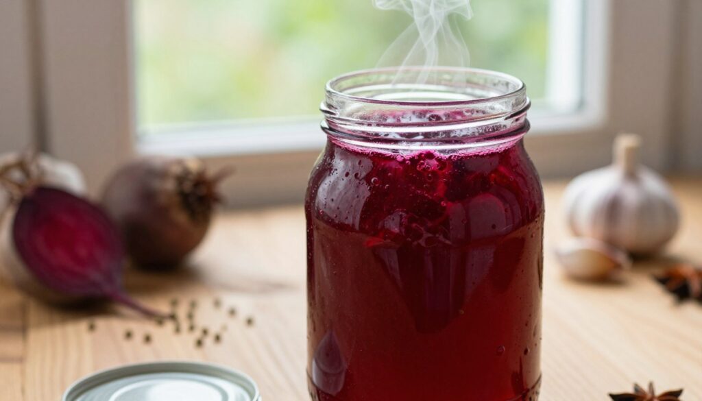 A close-up view of a rustic glass jar filled with vibrant red beet kvass, showcasing its rich color and texture. The foreground features a slightly opened lid, inviting viewers to imagine the tangy aroma wafting from the jar. In the middle, a wooden table adds warmth, with scattered spices like coriander and garlic cloves signaling the fermentation process. In the background, soft, diffused natural light streams through a nearby window, enhancing the freshness of the scene. The atmosphere is inviting, laced with hints of earthiness and sour notes, evoking the essence of homemade fermented foods. No people are present, ensuring a focus on the kvass and its sensory qualities.