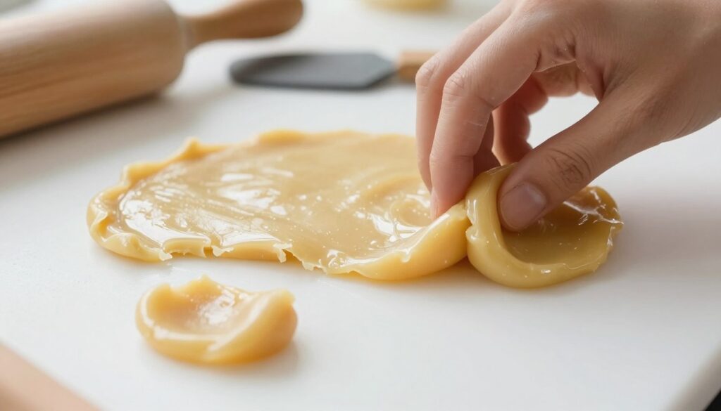 A close-up view of a smooth, glossy mass of sugar paste (masę cukrową) displayed on a pristine white surface, reflecting natural light to highlight its shiny texture. The foreground features a small, slightly cracked piece of the sugar paste, emphasizing its pliability and the effects of drying out. In the middle, a hand gently kneads another piece, showcasing the ideal consistency—slightly sticky yet malleable. In the background, soft-focus kitchen tools such as rolling pins and spatulas hint at a baking environment, enhancing the overall theme of sugar paste handling. The atmosphere is warm and inviting, suggestive of a cozy baking session, capturing the essence of working with this sweet medium and the care taken to prevent it from hardening.