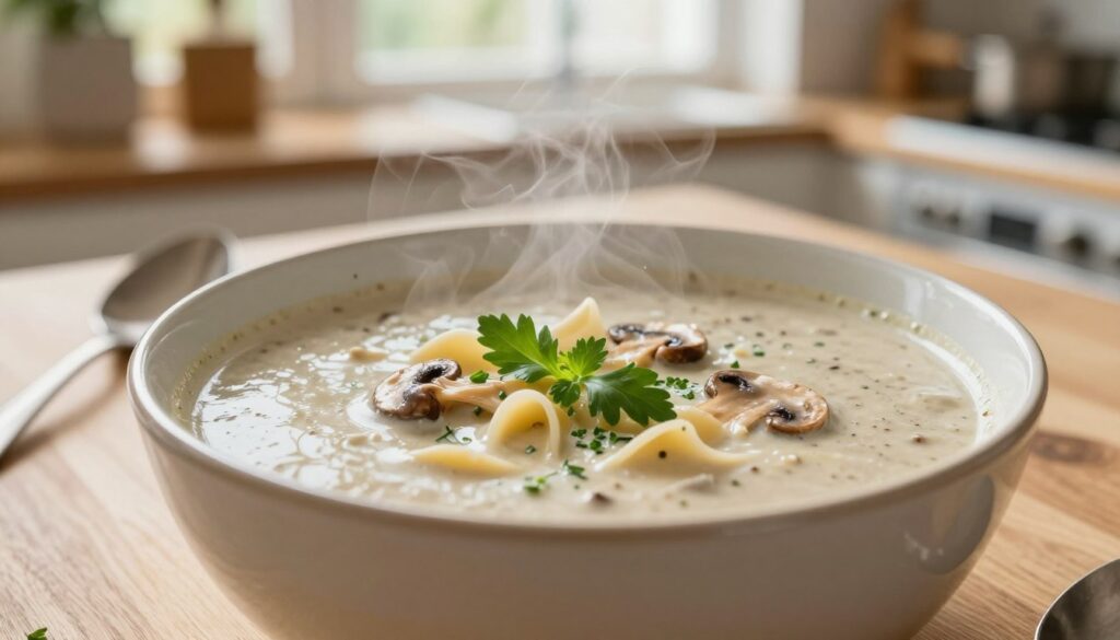 A close-up view of a steaming bowl of creamy mushroom soup, delicately garnished with fresh herbs, with thin pasta pieces floating gracefully on the surface. In the foreground, the focus is on the bowl, showcasing the rich texture of the soup and the vibrant colors of the garnish. The middle ground features a wooden table setting with a rustic spoon resting beside the bowl, subtly enhancing the homely feel. In the background, soft, natural lighting streams in from a nearby window, creating a warm and inviting atmosphere. Emphasize a cozy kitchen ambiance with blurred kitchenware faintly visible, suggesting a peaceful cooking environment. The overall mood should evoke comfort and deliciousness, perfect for a heartwarming culinary experience.