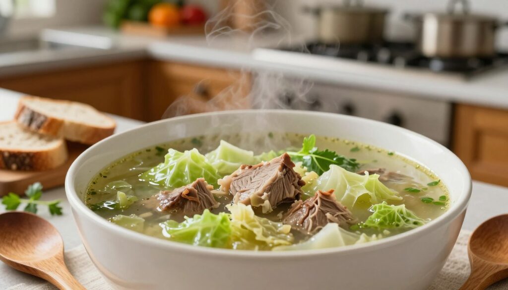 A close-up view of a steaming bowl of kapuśniak, showcasing its thick, hearty consistency. The soup features vibrant green cabbage pieces, tender chunks of meat, and a rich broth that glistens under natural soft lighting. In the foreground, wooden utensils and fresh herbs are artfully arranged, hinting at the preparation process. Surrounding the bowl, the countertop is adorned with slices of rustic bread and colorful vegetables, adding warmth and home-cooked charm to the scene. The background is slightly blurred, depicting a cozy kitchen environment with warm wooden cabinets and pots simmering on the stove. The atmosphere conveys a sense of comfort and satisfaction, inviting viewers to appreciate the balance of flavors and the inviting texture of the soup.