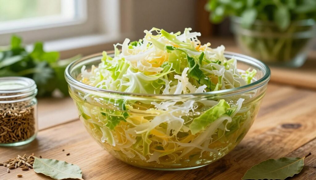 A close-up view of freshly fermented sauerkraut submerged in a clear, brine-like sok, with vibrant green and white cabbage pieces visible, highlighted by the golden hue of the surrounding liquid. In the foreground, a rustic wooden table shows small jars filled with various spices like caraway seeds and bay leaves, enhancing the natural setting. The background features soft-focus kitchen elements such as a few glass bowls with fresh vegetables and herbs, creating a warm, homey atmosphere. Soft, natural lighting filters through a nearby window, casting gentle shadows and emphasizing textures, while a slightly angled top-down perspective captures the intricate details of the sauerkraut and the inviting ambiance of the culinary space.