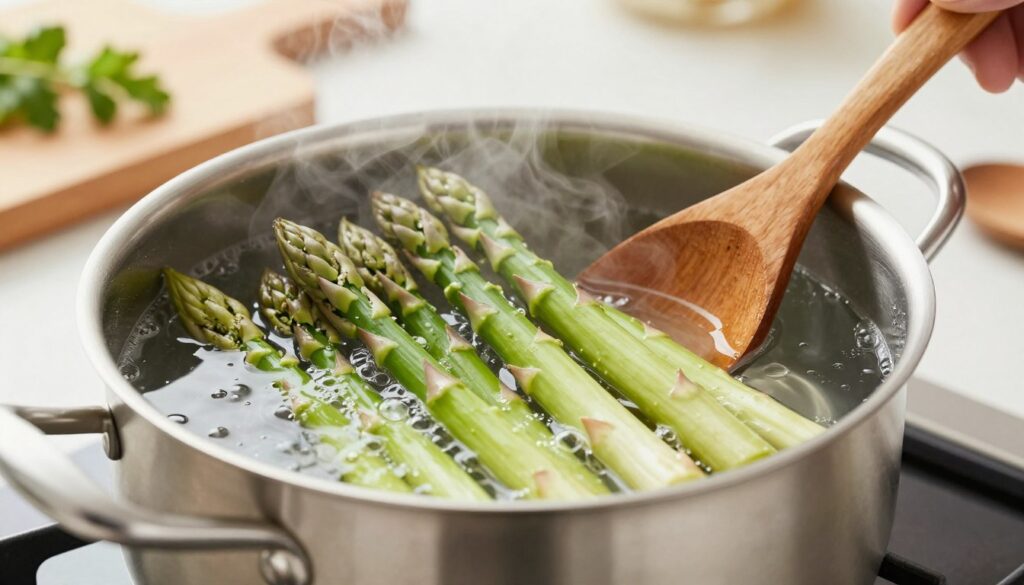 A close-up view of freshly harvested asparagus being cooked in a pot of boiling water on a stovetop. In the foreground, vibrant green asparagus spears stand upright in the bubbling water, their tips glistening with steam and moisture. The pot, stainless steel with a polished finish, reflects the soft light from a nearby window, creating a warm and inviting atmosphere. In the middle ground, a wooden spoon rests on the edge of the pot, suggesting an ongoing cooking process. The background features subtle kitchen elements like a cutting board with a few herbs and hints of blurred culinary utensils, adding depth. The lighting is bright yet soft, capturing the freshness and color of the asparagus, evoking a cozy and delightful cooking experience.
