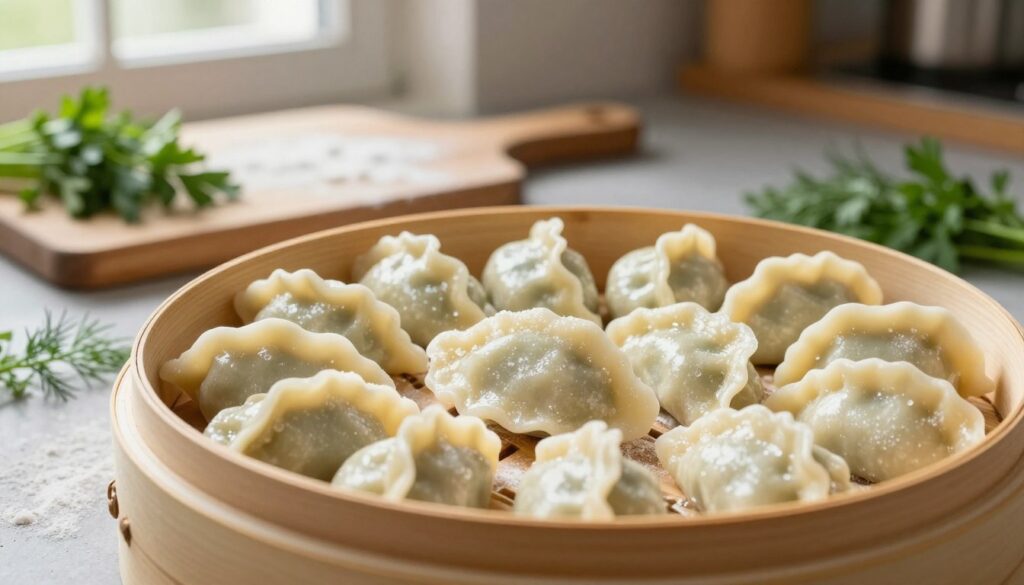 A close-up view of freshly prepared pierogi being steamed, showcasing their plump, soft dough and glistening surfaces. In the foreground, a bamboo steamer is filled with neatly arranged pierogi, highlighting their delicate texture and appealing shape. The scene is enriched with sprigs of fresh herbs, such as dill and parsley, to add a pop of green. In the middle background, a rustic kitchen countertop with a wooden cutting board dusted with flour, emphasizing the preparation process. Soft, natural light filters in from a nearby window, casting gentle shadows and creating a warm, inviting atmosphere. The overall mood is cozy and homely, perfect for illustrating the art of cooking pierogi with care and precision. A close-up view of freshly prepared pierogi being steamed, showcasing their plump, soft dough and glistening surfaces. In the foreground, a bamboo steamer is filled with neatly arranged pierogi, highlighting their delicate texture and appealing shape. The scene is enriched with sprigs of fresh herbs, such as dill and parsley, to add a pop of green. In the middle background, a rustic kitchen countertop with a wooden cutting board dusted with flour, emphasizing the preparation process. Soft, natural light filters in from a nearby window, casting gentle shadows and creating a warm, inviting atmosphere. The overall mood is cozy and homely, perfect for illustrating the art of cooking pierogi with care and precision.