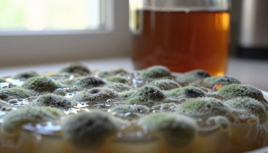 A close-up view of mold growing on a kombucha SCOBY, showcasing a textured surface covered in greenish and blackish flecks of mold. The foreground features the thick, gelatinous layer of the SCOBY, with distinct irregular shapes highlighting the mold spots. The middle ground includes a glass jar partially filled with dark, amber kombucha, illuminated by soft, natural lighting filtering in from a window, creating a warm, inviting atmosphere. In the background, a blurred kitchen setting with soft tones reinforces the context of home brewing. The overall mood invokes a sense of caution and awareness, alerting viewers to the potential issues associated with kombucha fermentation. Avoid any text or distractions, focusing purely on the visual representation of the subject.