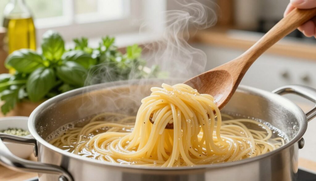 A close-up view of perfectly boiled pasta, showcasing strands of spaghetti and penne, slightly tangled but not sticking together. The foreground features a wooden spoon gently stirring the pasta in a gleaming stainless steel pot filled with boiling water, capturing steam rising in delicate wisps. In the middle ground, a vibrant array of fresh herbs like basil and parsley adds color, while a bowl of olive oil and a pinch of sea salt are subtly placed beside the pot, emphasizing the perfect seasoning. The background is softly blurred, revealing a cozy kitchen ambiance with warm, natural lighting streaming through a window. The mood is inviting and homey, suggesting a culinary haven. A close-up view of perfectly boiled pasta, showcasing strands of spaghetti and penne, slightly tangled but not sticking together. The foreground features a wooden spoon gently stirring the pasta in a gleaming stainless steel pot filled with boiling water, capturing steam rising in delicate wisps. In the middle ground, a vibrant array of fresh herbs like basil and parsley adds color, while a bowl of olive oil and a pinch of sea salt are subtly placed beside the pot, emphasizing the perfect seasoning. The background is softly blurred, revealing a cozy kitchen ambiance with warm, natural lighting streaming through a window. The mood is inviting and homey, suggesting a culinary haven.