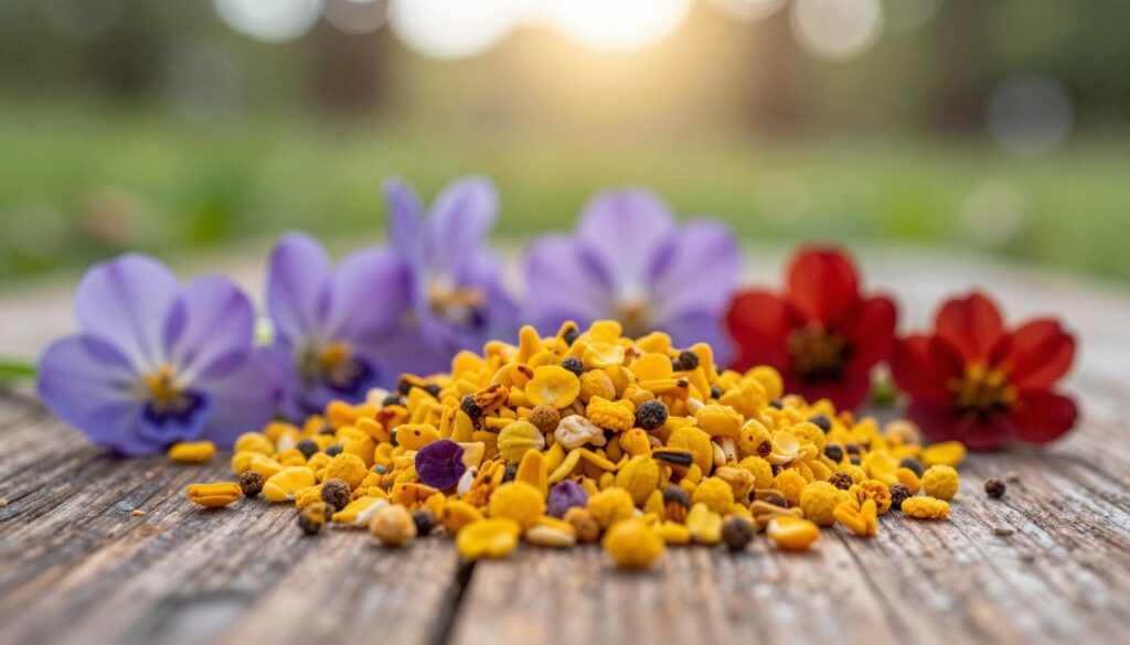 A close-up view of vibrant flower pollen, showcasing a variety of colors like golden yellows, soft purples, and deep reds, scattered gracefully on a rustic wooden surface. In the foreground, the pollen grains are sharply focused, exhibiting their unique textures and shapes, while small clusters of wildflowers in soft focus create a harmonious blend in the middle ground. The background features a blurred natural landscape with lush greenery and gentle sunlight filtering through, casting a warm and inviting glow. The overall atmosphere is serene and organic, capturing the essence of floral beauty and natural richness. The lighting is soft and natural, enhancing the vivid colors of the pollen, inviting the viewer to appreciate the delicate details. A close-up view of vibrant flower pollen, showcasing a variety of colors like golden yellows, soft purples, and deep reds, scattered gracefully on a rustic wooden surface. In the foreground, the pollen grains are sharply focused, exhibiting their unique textures and shapes, while small clusters of wildflowers in soft focus create a harmonious blend in the middle ground. The background features a blurred natural landscape with lush greenery and gentle sunlight filtering through, casting a warm and inviting glow. The overall atmosphere is serene and organic, capturing the essence of floral beauty and natural richness. The lighting is soft and natural, enhancing the vivid colors of the pollen, inviting the viewer to appreciate the delicate details.