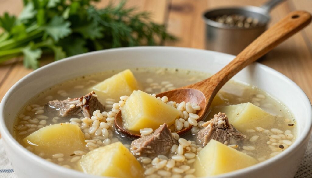 A comforting bowl of krupnik soup, showcasing its rich, thick consistency and hearty ingredients. The foreground features a close-up of the soup, highlighting chunks of tender potatoes, barley, and pieces of meat, all gently simmering in a clear broth. In the middle, a wooden spoon rests against the edge of the bowl, invitingly poised to scoop up the flavors. The background includes a rustic kitchen table with fresh herbs like parsley and dill, alongside a small pot of seasoning, evoking a homely atmosphere. Soft, warm lighting creates a cozy, inviting mood, while the focus is sharp on the soup, with a shallow depth of field adding to the overall warmth and comfort of the scene.
