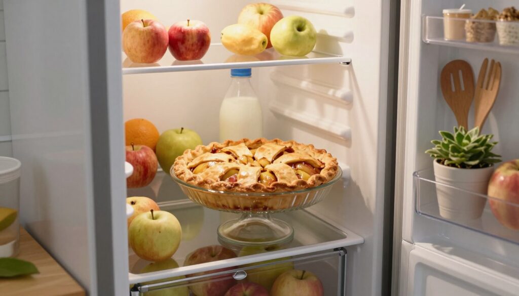 A cozy kitchen interior featuring a well-organized fridge, partially open to reveal a beautifully arranged apple pie as the focal point. The pie, with golden flaky crust and perfectly cooked apples peeking out, sits on a glass cake stand. The fridge shelves are neatly stocked with various fruits and milk, emphasizing freshness. Soft, natural lighting streams in from a nearby window, casting gentle shadows and creating a warm atmosphere. The background includes charming kitchen decor, such as wooden utensils and a potted plant, enhancing the homely vibe. The scene conveys a sense of care and attention to food storage, subtly hinting at the discussion around optimal conditions for preserving pie texture and flavor.