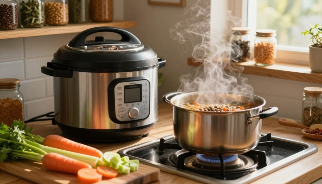 A cozy kitchen scene featuring a multicooker and a pot on the stove, filled with simmering lentil soup. In the foreground, colorful vegetables like carrots, onions, and celery are being chopped on a wooden cutting board. Steam rises from the pot, creating a warm and inviting atmosphere. In the middle, the multicooker is partially visible, showcasing its digital display and some lentils being poured in, surrounded by measuring cups and spices. The background includes rustic shelves lined with jars of dried herbs and spices, warmly lit by natural sunlight filtering through a window, casting soft shadows. The mood is homely and comforting, emphasizing the process of cooking lentils to perfection, with an appealing, focus-enhancing depth of field.