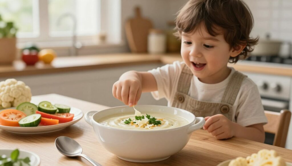 A cozy kitchen scene featuring a rich, creamy cauliflower soup served in a charming, child-friendly bowl. In the foreground, the bowl is filled with a velvety soup, garnished with fresh herbs and a sprinkle of cheese. Beside it, there's a spoon and a small plate with colorful vegetables. In the middle ground, a little child, dressed in a modest, casual outfit, looks excited while reaching for the soup. The background showcases a warm, inviting kitchen with soft lighting filtering through a window, highlighting the ingredients on the countertop. The mood is cheerful and nurturing, embodying the essence of a family meal prepared with love and flavor.