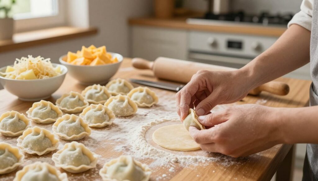 A cozy kitchen scene featuring a wooden table covered with freshly made pierogi. In the foreground, a close-up of hands skillfully folding and sealing the dumplings, dusted with flour, showcasing the delicate texture of the dough. In the middle, bowls filled with various fillings like potatoes, cheese, and sauerkraut, along with a rolling pin and a knife, emphasizing the preparation process. The background includes a warm, rustic kitchen ambiance with soft, natural lighting coming from a window, casting gentle shadows. The overall atmosphere is inviting and homey, highlighting the art of preparing pierogi for freezing, ensuring they look fresh and appealing. A cozy kitchen scene featuring a wooden table covered with freshly made pierogi. In the foreground, a close-up of hands skillfully folding and sealing the dumplings, dusted with flour, showcasing the delicate texture of the dough. In the middle, bowls filled with various fillings like potatoes, cheese, and sauerkraut, along with a rolling pin and a knife, emphasizing the preparation process. The background includes a warm, rustic kitchen ambiance with soft, natural lighting coming from a window, casting gentle shadows. The overall atmosphere is inviting and homey, highlighting the art of preparing pierogi for freezing, ensuring they look fresh and appealing.