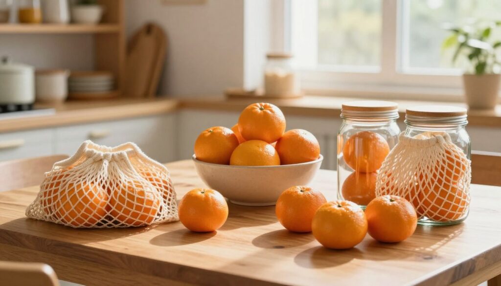 A cozy kitchen scene focusing on vibrant, fresh mandarins. In the foreground, a wooden table displays a variety of storage solutions, such as breathable mesh bags and glass jars filled with mandarins, showcasing home tricks for keeping them fresh. The middle ground features a bowl overflowing with ripe, juicy mandarins, glistening under soft, warm sunlight coming through a window. The background reveals softly blurred shelves stocked with kitchen essentials, creating a homely atmosphere. The lighting is natural and inviting, enhancing the vibrant orange hue of the mandarins, while the overall mood is warm and nurturing, evoking a sense of comfort and care in preserving the fruit's freshness.