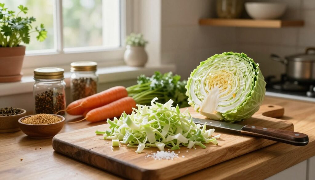 A cozy kitchen scene showcasing the preparation of cabbage before cooking. In the foreground, a rustic wooden cutting board holds freshly chopped cabbage, glistening with moisture, with knife and a sprinkle of sea salt nearby. The middle features a warm, inviting countertop with jars of spices and fresh ingredients like carrots and mustard seeds, enhancing the palette. In the background, sunlight filters through a window, illuminating the kitchen's homely decor—potted herbs and wooden shelves lined with bowls. The atmosphere is warm and inviting, evoking a sense of comfort and culinary creativity, captured with soft, natural lighting and a shallow depth of field for focus on the ingredients. A cozy kitchen scene showcasing the preparation of cabbage before cooking. In the foreground, a rustic wooden cutting board holds freshly chopped cabbage, glistening with moisture, with knife and a sprinkle of sea salt nearby. The middle features a warm, inviting countertop with jars of spices and fresh ingredients like carrots and mustard seeds, enhancing the palette. In the background, sunlight filters through a window, illuminating the kitchen's homely decor—potted herbs and wooden shelves lined with bowls. The atmosphere is warm and inviting, evoking a sense of comfort and culinary creativity, captured with soft, natural lighting and a shallow depth of field for focus on the ingredients.